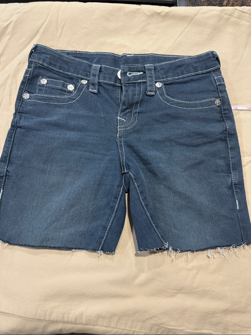True Religion Geno Denim Shorts Size 12 Adjustable Waist Raw Hem Cutoff